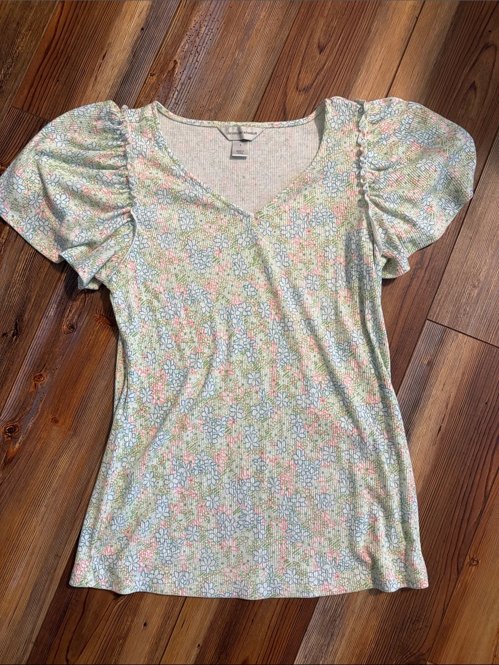 Christopher and Banks Soft Floral Puff-Sleeve Top - Pastel Green